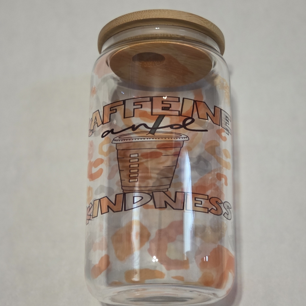 12oz Caffeine and Kindness Glass Can with Bamboi Lid